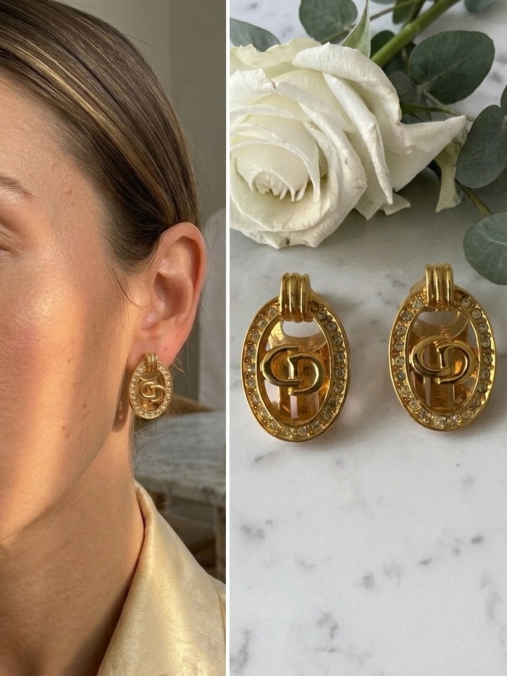 Christian Dior Vintage Gold Logo Crystal‎ Oval Clip-On Earrings